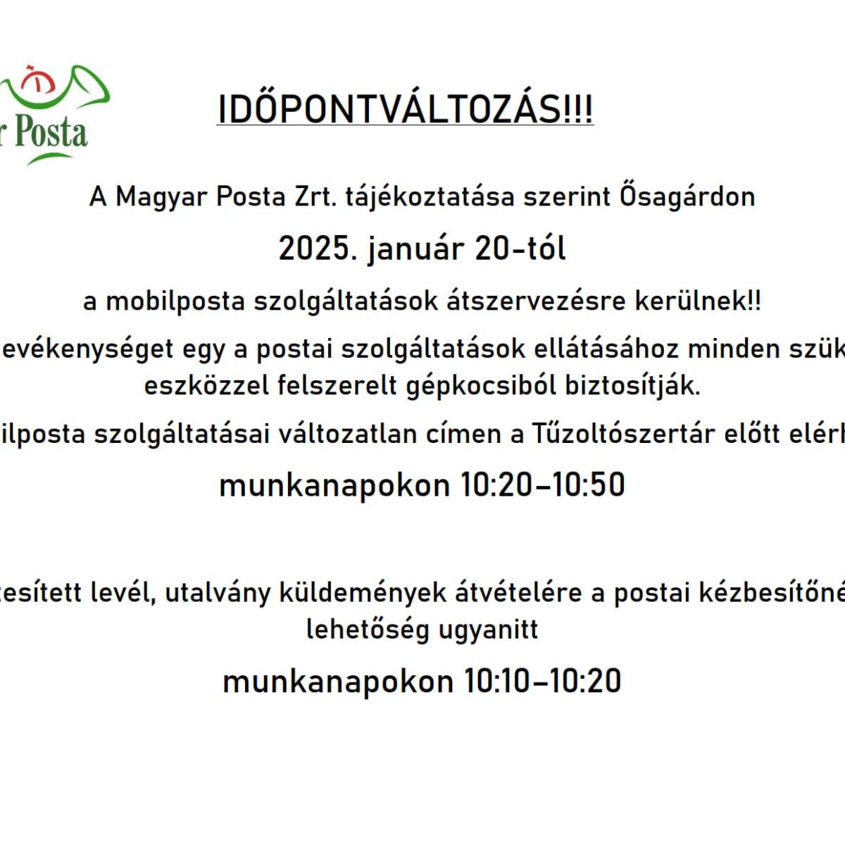 Postai szolgáltatások időpontváltozása